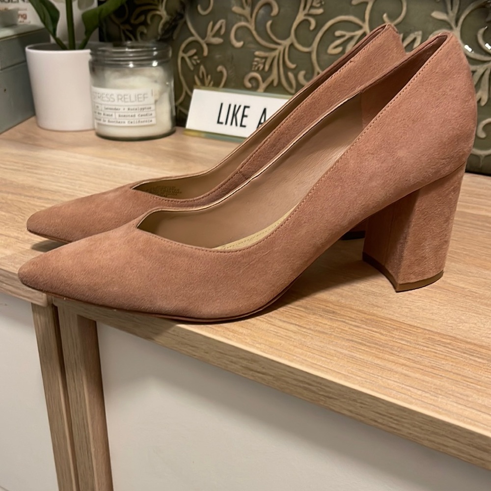 Blush suede block pumps